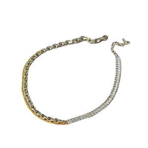 Two-tone gold and silver chain necklace with square zircon stones in asymmetrical design
