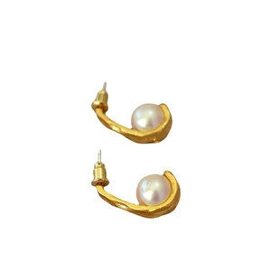 Vintage matte gold hook earrings with white pearls and hammered metal texture for women