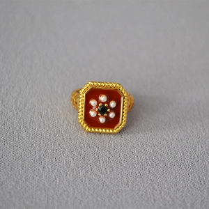 Vintage gold square ring with red enamel and small pearls in a floral pattern