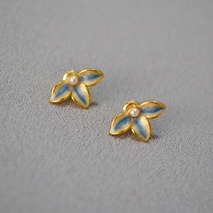 Handmade Enamel Leaf Stud Earrings With 925 Sterling Silver Post Gold Plated Brass Faux Artificial Pearl Pastoral Style Jewelry For Women