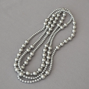 Detail of layered faux pearl necklace featuring alternating bead sizes and a multi-strand design
