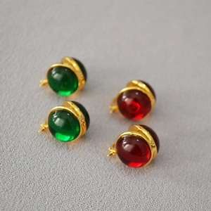 French Vintage Brass Gold Plated Glass Round Ball Stud Earrings For Women Elegant Geometric Retro Style Jewelry Gift