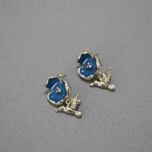 Retro Morandi Blue Flower Bird Stud Earrings With 925 Silver Post Brass Enamel Hummingbird Jewelry For Women