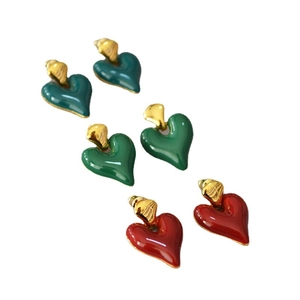 Retro colorful heart-shaped enamel stud earrings in green and red with gold accents