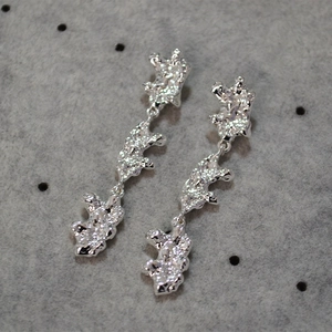 Silver liquid lava texture drop earrings with irregular multi-tier metallic design