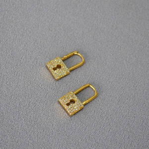 Korean Fashion Brass Gold Plated Padlock Hoop Earrings Shining Zirconia Full Diamond Small Lock Double Sided Earrings For Women