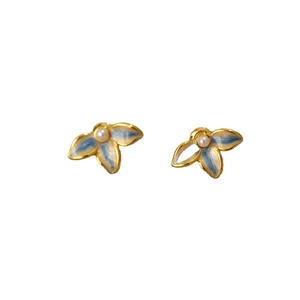 Floral enamel stud earrings with blue gradient leaves and white pearls in gold finish