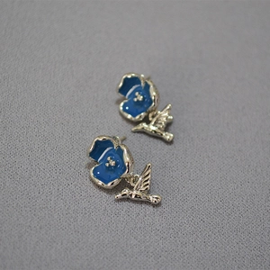 Japanese retro blue flower and silver robin earrings in nature-inspired enamel design