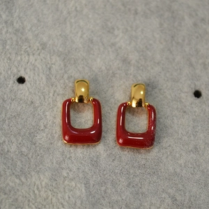 Minimalist square red enamel stud earrings with gold-plated metal in a retro style