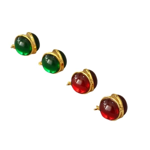 French vintage style round earrings with red and green glass in gold plated setting