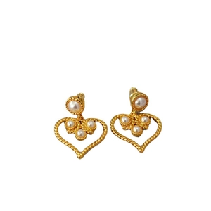 French vintage gold heart earrings with elegant imitation pearls and 925 silver needles