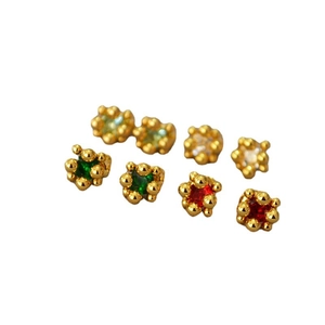 Cluster zircon stud earrings in red, green, and white colors with gold metal plating