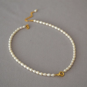 Elegant French Style Freshwater Rice Artificial Pearl Necklace Gold Double Ring Clasp Adjustable Choker Jewelry For Women Daily Commute
