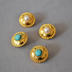 French Retro Palace Disc Stud Earrings Brass 18K Gold Plated With 925 Sterling Silver Earring Post Imitation Artificial Pearl Faux Turquoise Jewelry