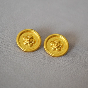 French vintage brass gold plated camellia round disk stud earrings with silver pins