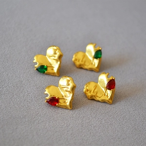Retro Melting Heart Stud Earrings For Women Brass Gold Plated Pear Cut Zirconia Inlaid 925 Sterling Silver Post Jewelry