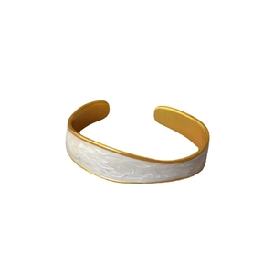 Irregular vintage gold plated brass open bracelet with white pearl enamel finish