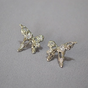 Silver liquid butterfly stud earrings with textured finish and sparkling zircon stones