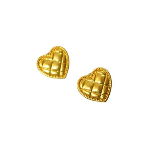 French vintage brass gold plated heart earrings with quilted pattern and beaded edge