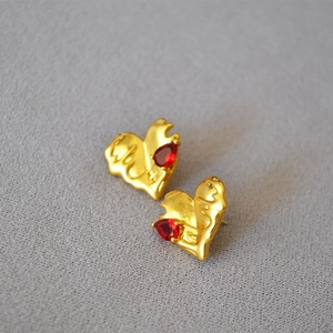 Vintage melted brass heart earrings with red teardrop gemstones and 925 silver needles
