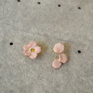 Handmade Enamel Cherry Blossom Stud Earrings Asymmetric Brass Gold Plated Pink Floral Earrings With 925 Sterling Silver Earring Post For Women