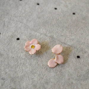 Romantic pink cherry blossom asymmetrical earrings with 925 silver needles and enamel