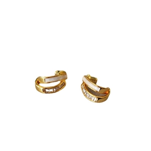 Elegant 925 silver needle double-layer gold stud earrings with white enamel and zircons