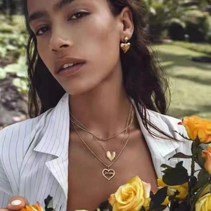 Vintage 18K gold-plated hammered heart earrings and layered necklace set with Je t'aime engraving