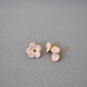 Pink cherry blossom asymmetric 925 silver stud earrings with hand-painted enamel