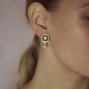 Retro handmade enamel daisy earrings with freshwater pearl drops on gold plated base