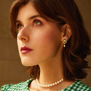 Vintage enamel chamomile earrings and pearl necklace set with 925 silver pins