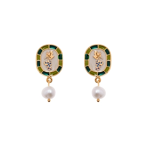 Pastoral Brass Gold Plated Enamel Grape Earrings With Freshwater Pearl And 925 Sterling Silver Post French Vintage Studs