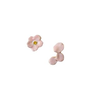 Pink enamel cherry blossom asymmetric stud earrings with gold trim and crystal center