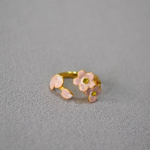 Japanese Pastoral Pink Enamel Cherry Blossom Open Ring Brass Gold Plated Rhinestone Flower Adjustable Ring For Women Jewelry