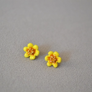 Handmade yellow enamel camellia stud earrings with 925 silver needle for daily wear