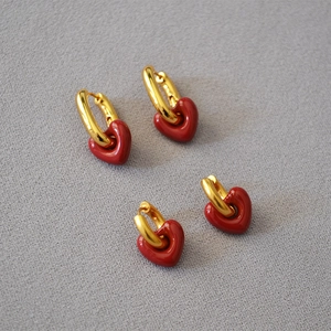 Vintage Heart Dangle Hoop Earrings For Women Gold Plated Copper Handmade Enamel Red Love Heart U Shaped Drop Earrings Jewelry