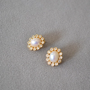 Vintage French Oval Faux Artificial Pearl Stud Earrings With 925 Sterling Silver Earring Post 18K Gold Plated Brass Zirconia Jewelry For Women