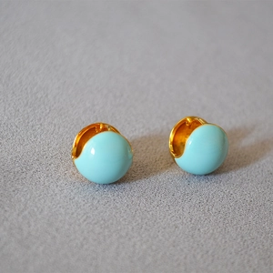 Minimalist light blue enamel half-ball earrings with polished gold-plated metal base