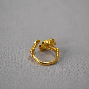 Japanese style pink enamel cherry blossom adjustable open ring with gold branch texture