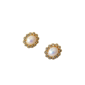 Elegant gold oval faux mabe pearl stud earrings with sparkling zircon wreath setting