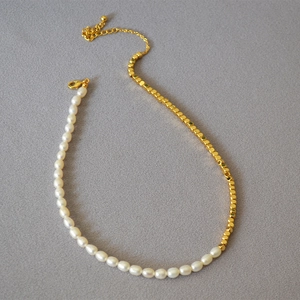 Elegant gold square bead and white freshwater pearl asymmetric necklace for women