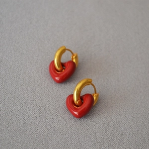 Chic red enamel heart drop earrings with gold hoop closure for women stylish jewelry