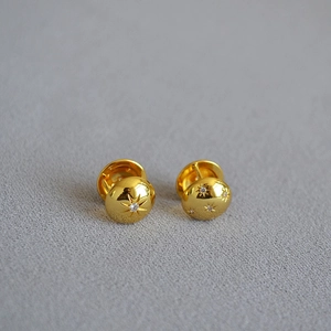 North Star Engraved Brass Earrings 18K Gold Plated Zirconia Inlay Semi Sphere Dome Stud Earrings For Women Minimalist Fashion Jewelry