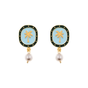 Vintage Palm Tree Artificial Pearl Drop Earrings Gold Plated Brass With 925 Sterling Silver Earring Post Vacation Style Women Jewelry