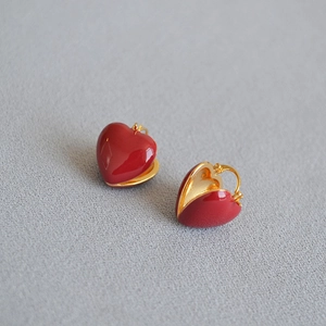 Minimalist double-sided red heart enamel hoop earrings with gold-plated brass frames