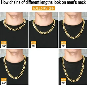 Size guide showing five different lengths of gold Cuban link chains on a male model