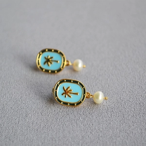 Vintage blue enamel earrings with gold palm tree design and elegant hanging white pearls