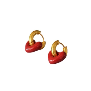 Fashionable red enamel heart drop earrings in gold finish for a retro minimalist style
