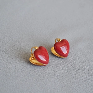 Elegant gold-plated brass heart earrings with glossy red enamel finish for women