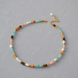 Colorful gemstone and freshwater pearl beaded necklace with gold lobster clasp